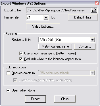 Export Windows AVI Options